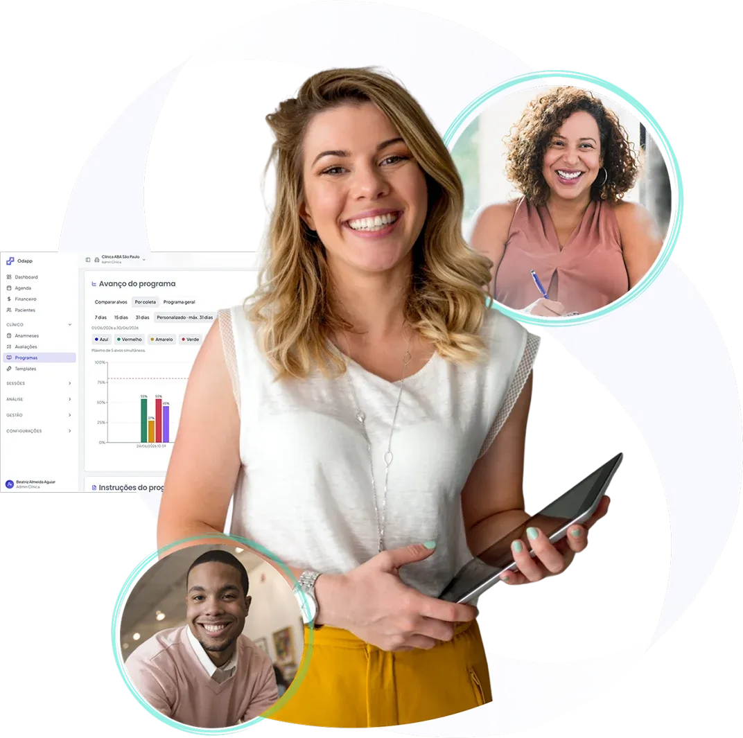 Profissionais de saúde sorrindo ao lado de uma tela do ODAPP com o gráfico de avanço de um programa